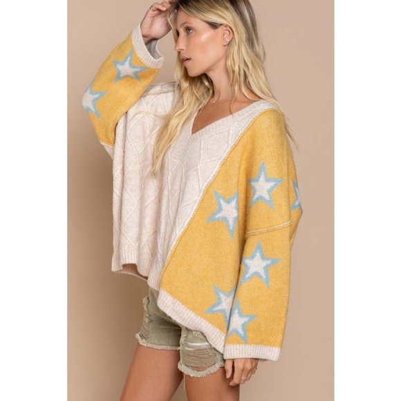 NEW POL Dandelion Blue Star Diamond Knit Color Block V Neck Oversized Sweater - Picture 6 of 11
